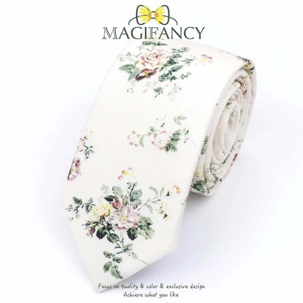 Top Hot Print Floral 6.5cm Necktie 100% Cotton Elegant Beige Sage Pink Men Wedding Party Daily Suit Shirt Cravat Gift Accessory