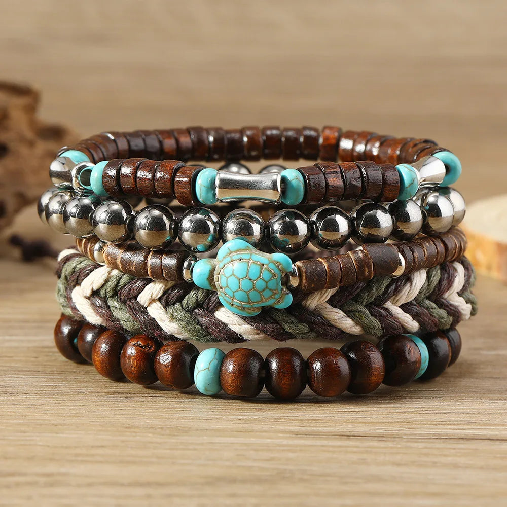 5-piece Bohemian Sea Turtle Vintage Wooden Shell Wax Rope Woven Bracelet Set
