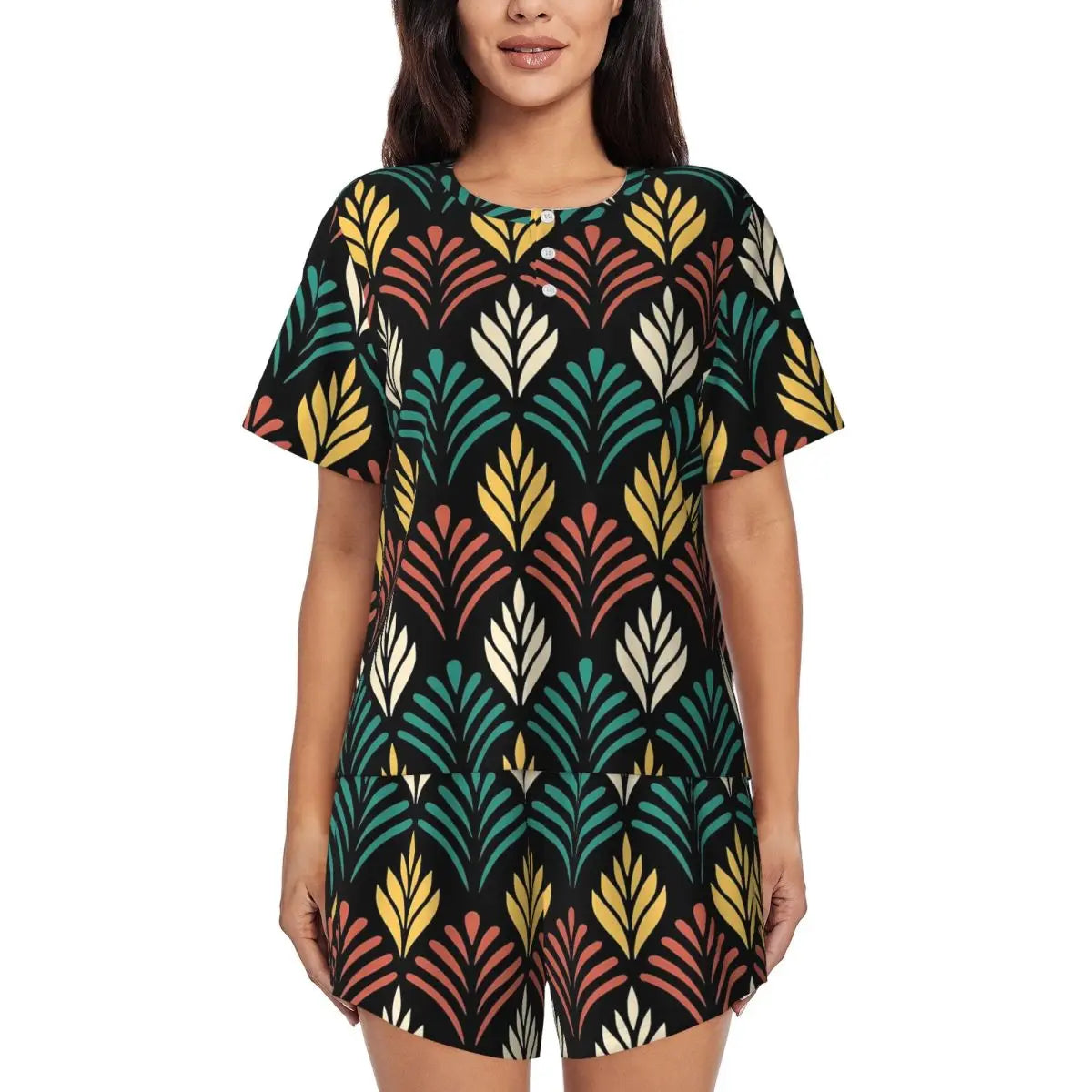 Green Leaf Print Pajamas Short Sleeve Lush Foliage 2 Pieces Leisure Pajama Sets Daily Woman O Neck Vintage Nightwear
