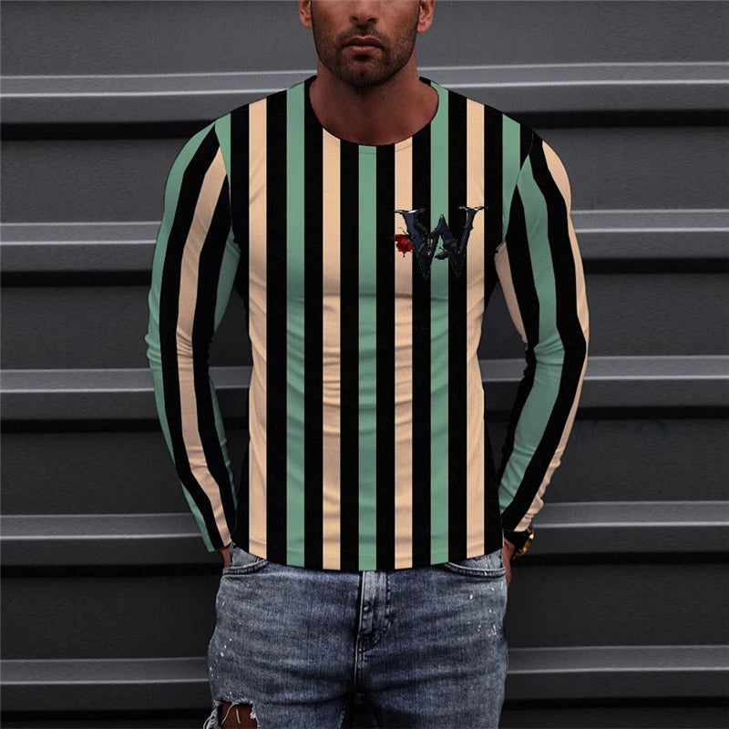 Long Sleeve Striped Men's Fashion T-Shirts Loose Casual Oversize Breathable Tops 3D Printed Letters Street Hip Hop Male Top Tee