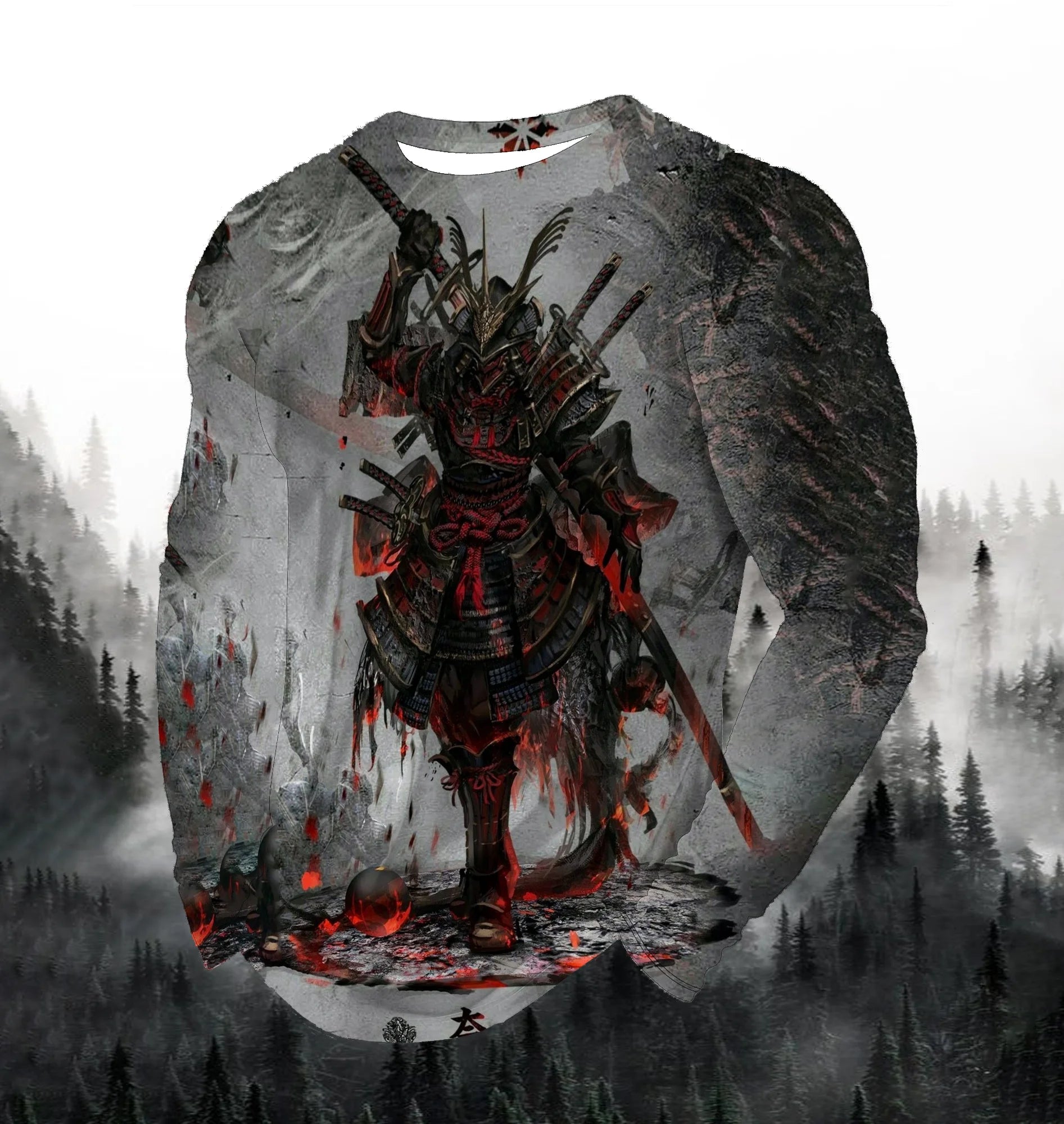 2024 Men's Fashion Printed Round Neck Long Sleeve Autumn Sports Leisure Pullover Men's 3D Japanese Samurai Printed Loose Tops