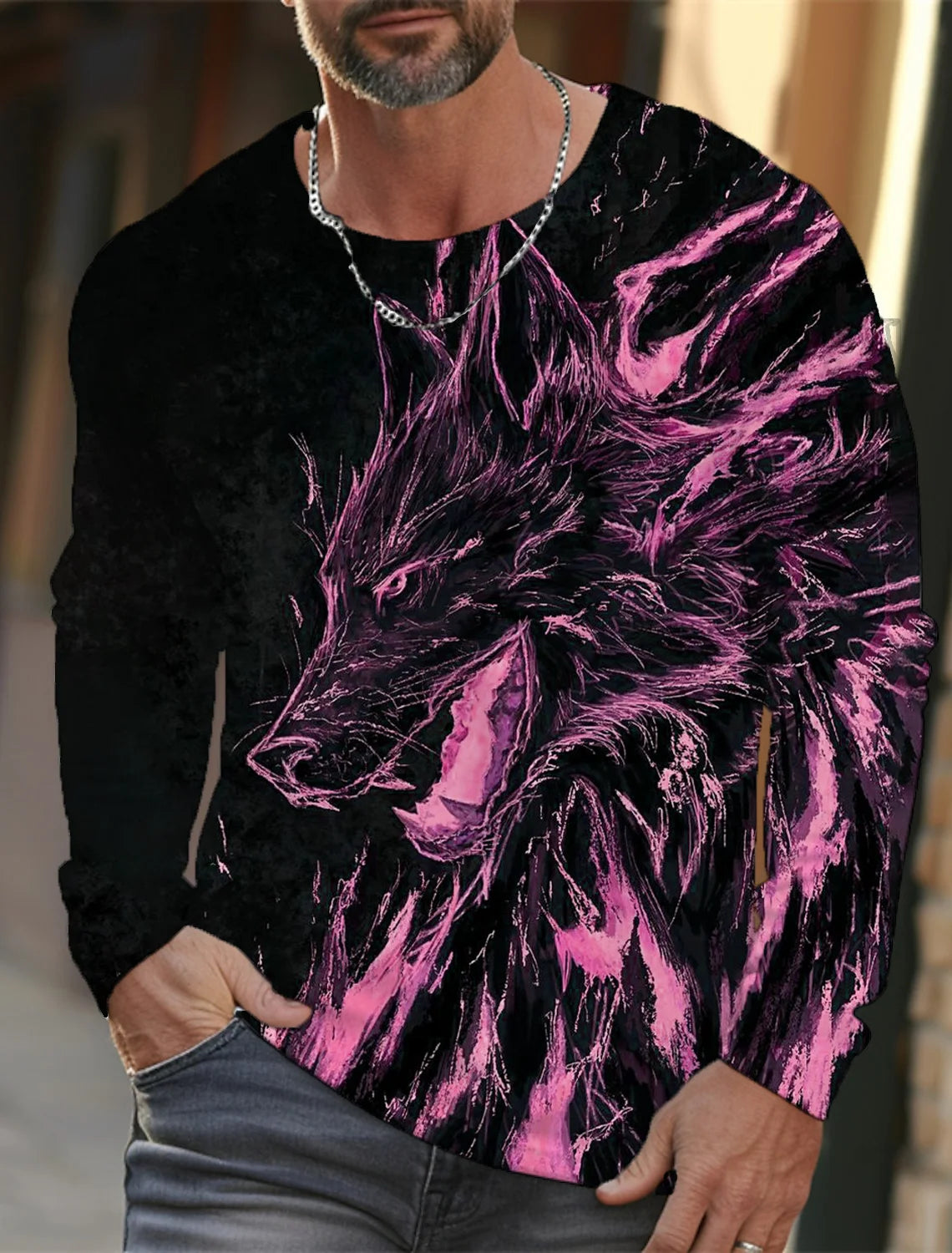 Men's long sleeve t-shirt 3d print high definition wolf animal hand-painted print men's autumn top casual round neck t-shirt