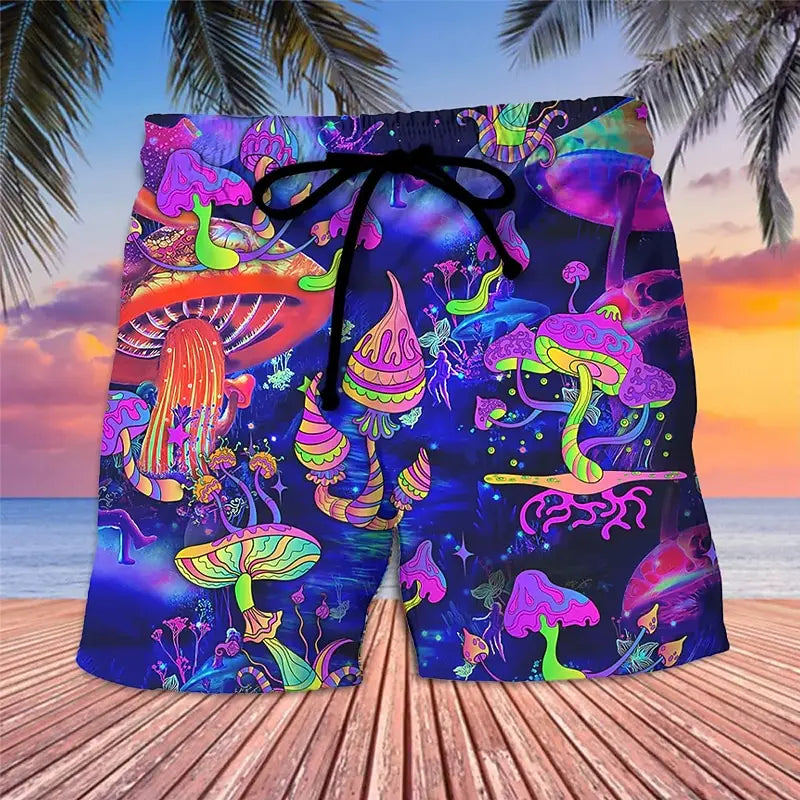 3D mushroom print men's casual shorts Tropical summer vitality style fashion shorts, quick-drying and comfortable close-fitting