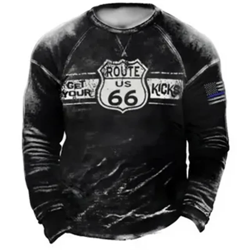 2024 Men's T-shirts Long Sleeve 3d Print Top Casual Cotton Vintage T Shirt Vintage Route 66 Tee Loose Sports O-neck Clothing 5xl