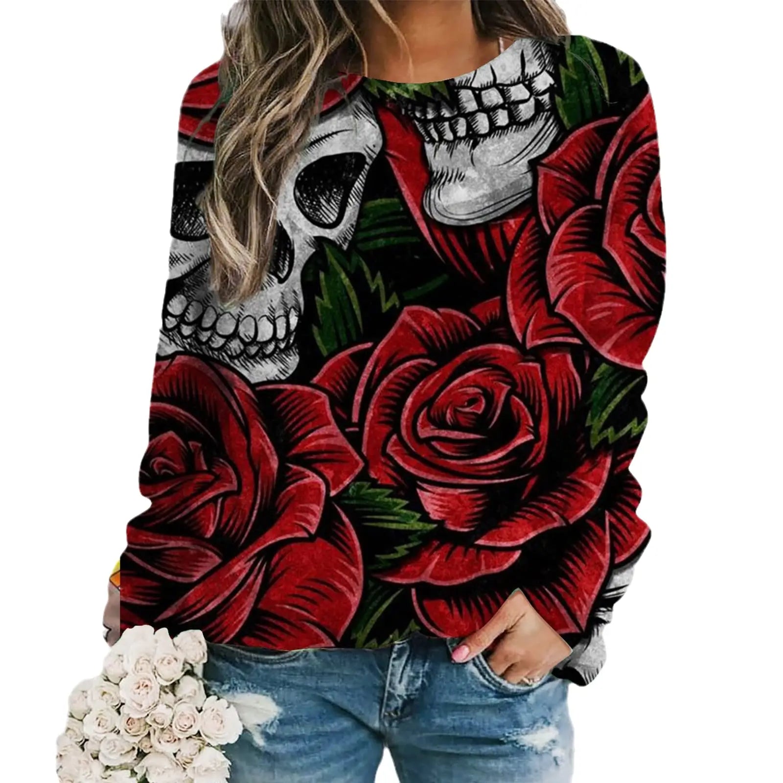 2024 New Women Halloween Crow Printed Casual Sweatshirt Round Neck Casual Basic Loose Fashion Women Designer Style