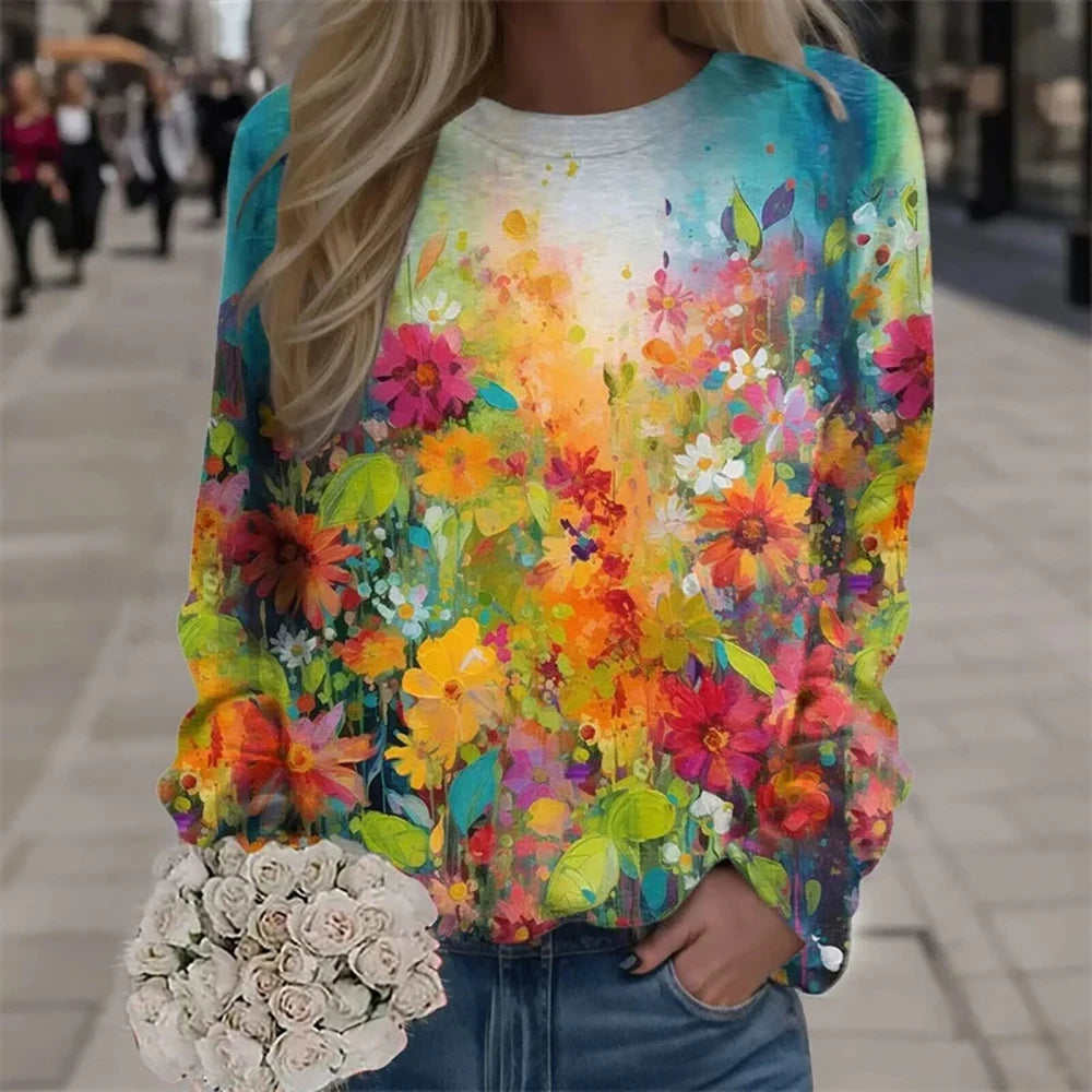 Women's Oil Painting Floral Print Long Sleeve T-Shirt Casual Crewneck Streetwear Tops Pullover Homewear