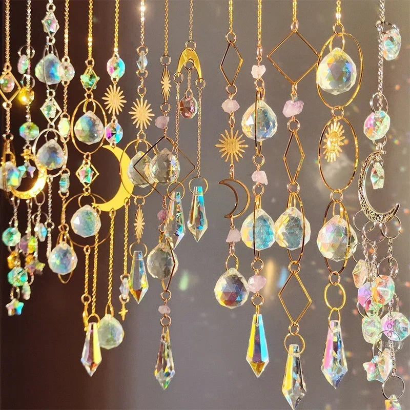 Hanging Crystal Pendant Garden Suncatcher Wind Chimes Rainbow Prism Crystal Chain for Window Drop Bell Christmas Tree Home Decor