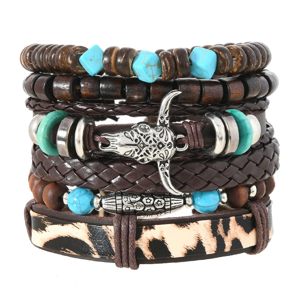 Bohemia Ethnic Leather Men’s Bracelets Vintage Bull Head Multi Layer Cowhide Wooden Beaded Leather Bracelets Gifts