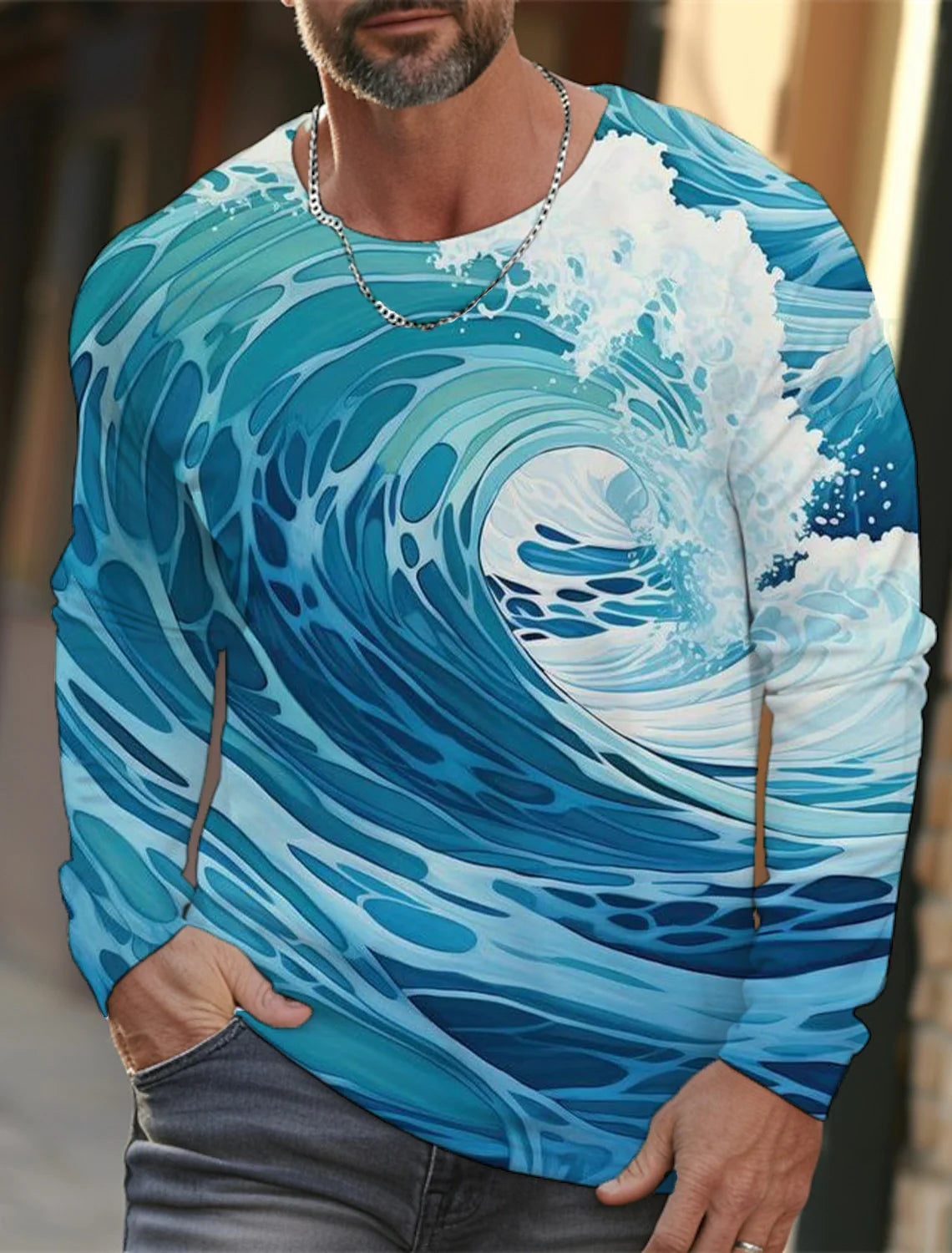 2024 new men's Ukiyoe long-sleeved T-shirt 3D printing high-definition wave cat printing men's autumn casual round neck top