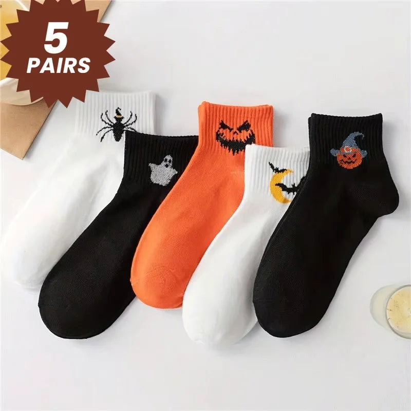 5-Pair Halloween Novelty Socks for Men: Spooky Designs, Breathable Cotton, Mid-Calf, Party Favors