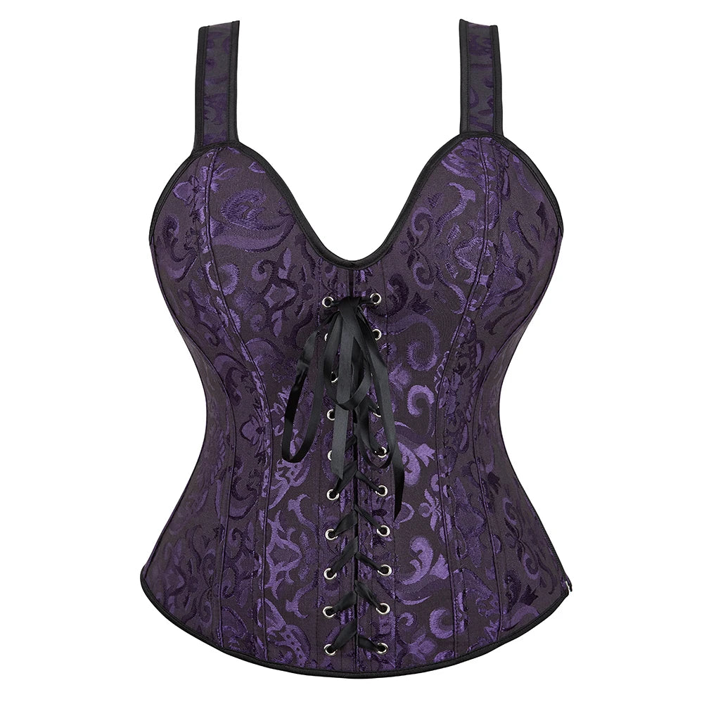 Steampunk Straps Overbust Corset With Cup Zipper Sexy Jacquard Floral Corset Waist Cincher Bustier Lingerie Top Plus Size