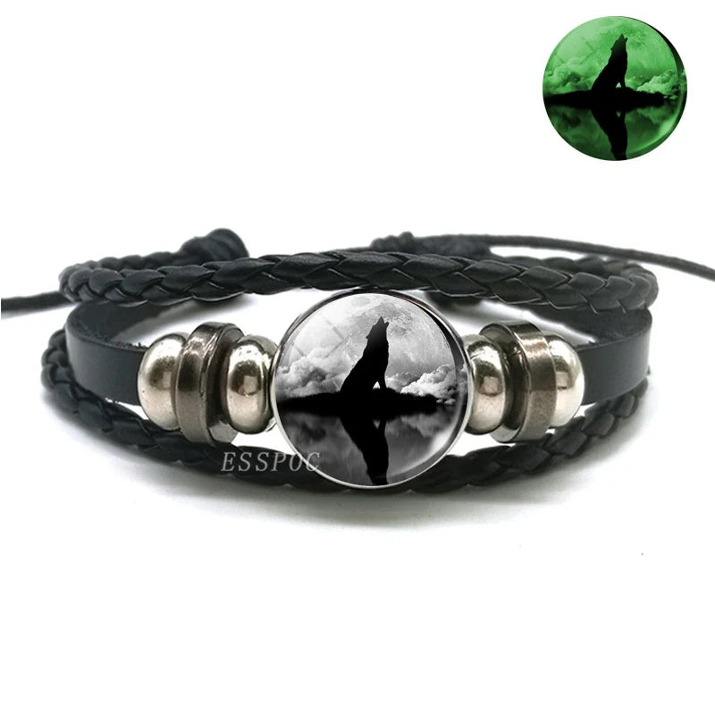 Glow In The Dark Wolf Head Bracelet Multilayer Leather Bracelet Charm Women Men Fashion Luminous Bracelets Wolf Jewelry