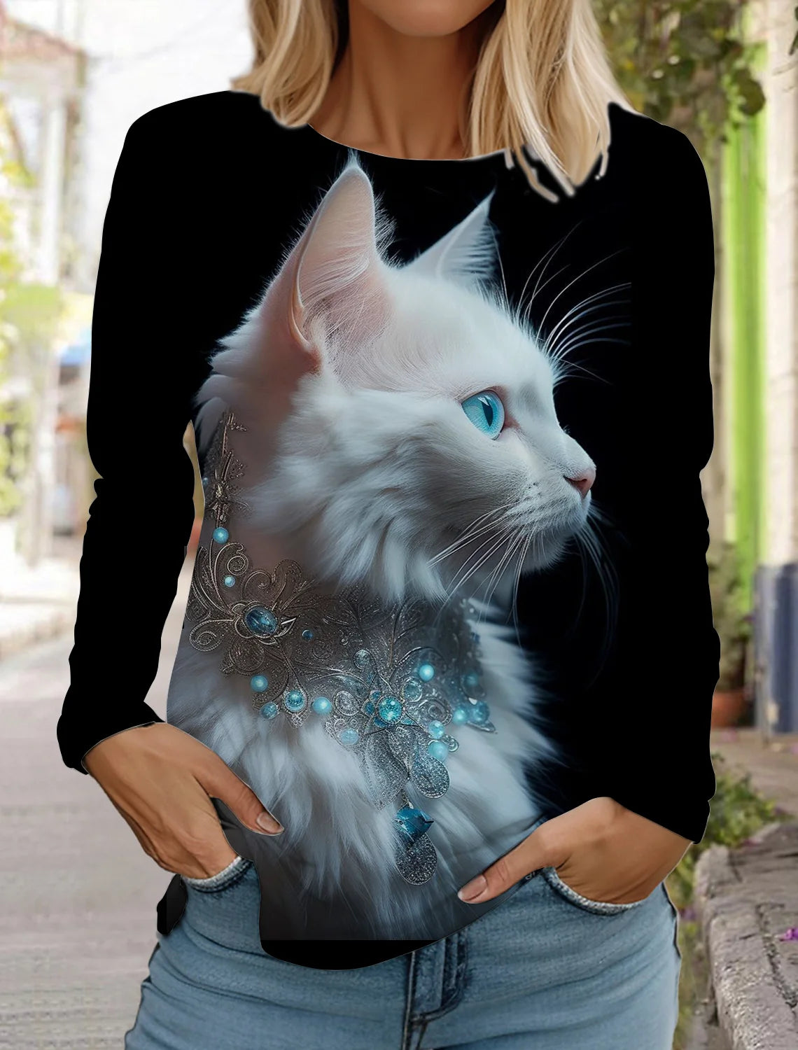 2024 Autumn and Winter Women's Long Sleeve 3D Printed Kitten Cute Print T-Shirt Women's Streetwear Round Neck Long Sleeve