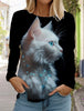 2024 Autumn and Winter Women's Long Sleeve 3D Printed Kitten Cute Print T-Shirt Women's Streetwear Round Neck Long Sleeve
