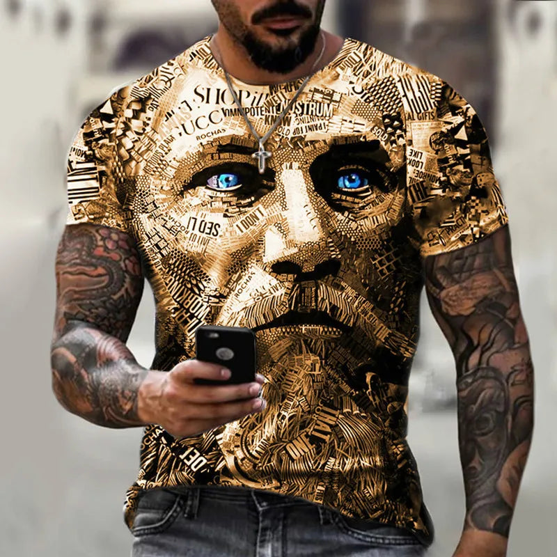 Men's short sleeved T-shirt, 3D digital printed T-shirt, head pattern, outdoor sports, fitness, new design large size 2024