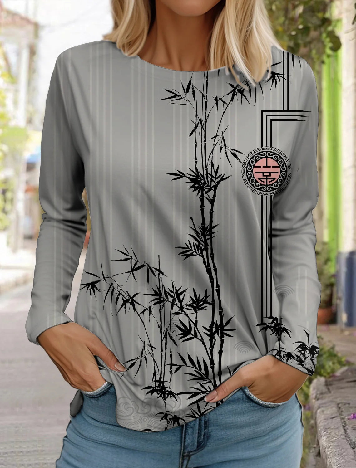 2024 women's fashion retro tops long sleeve round neck pullover casual long sleeve t-shirt new 3d printed lotus print t-shirt