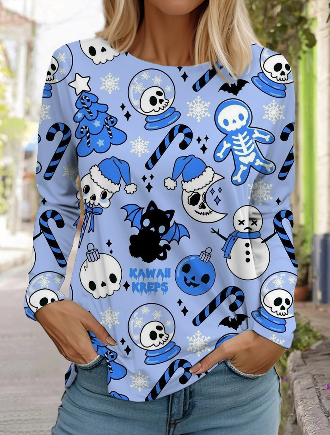 Halloween skull pumpkin print pullover autumn and winter women's casual long sleeve round neck sweatshirt men's clothing