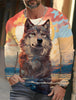 2024 new men's Ukiyoe long-sleeved T-shirt 3d printed high-definition wolf print men's autumn top casual round neck T-shirt