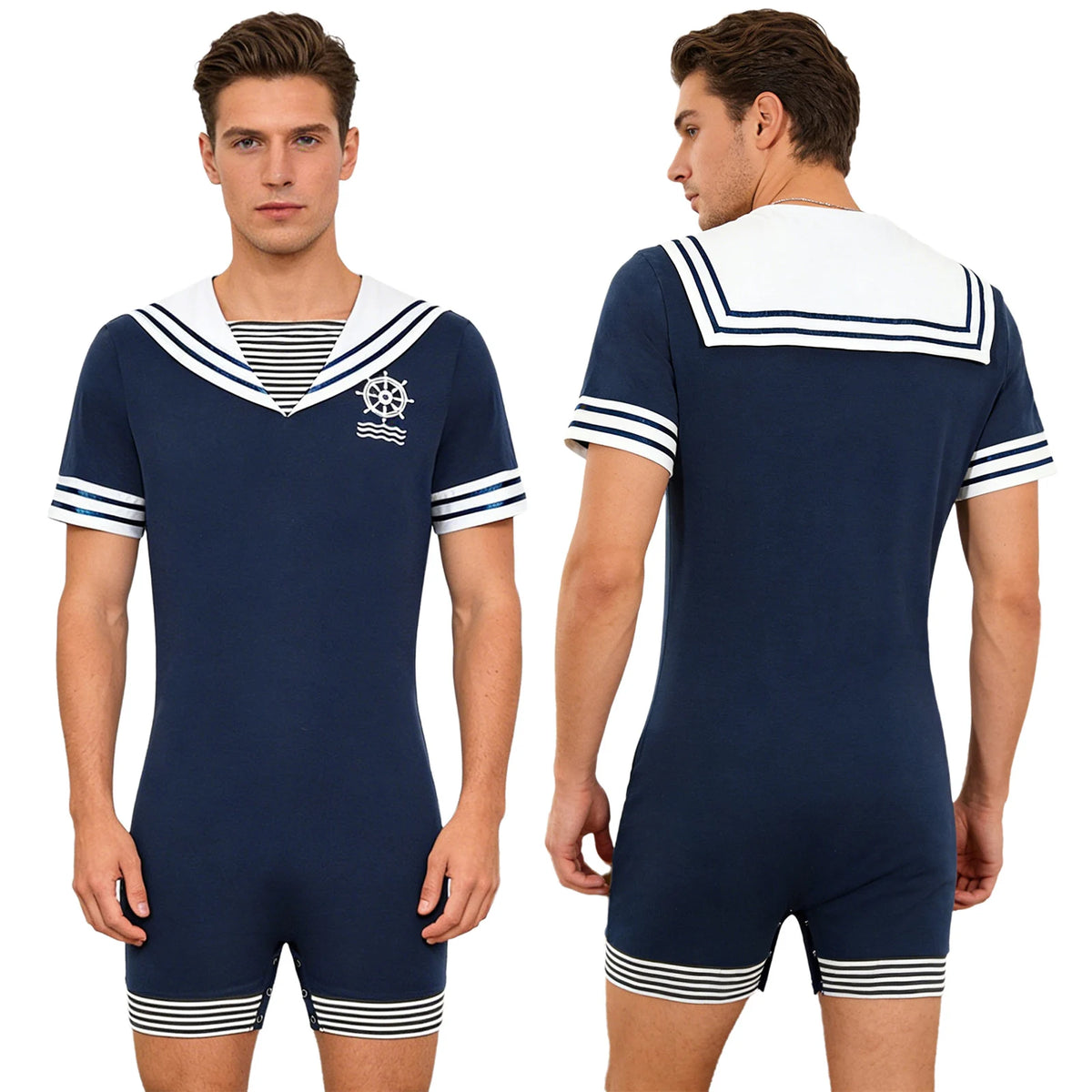 Men Sailor Style Pajamas Bodysuit Navy Collar Short Sleeve Button Crotch Romper Homewear Sleepwear Theme Party Cosplay Costume