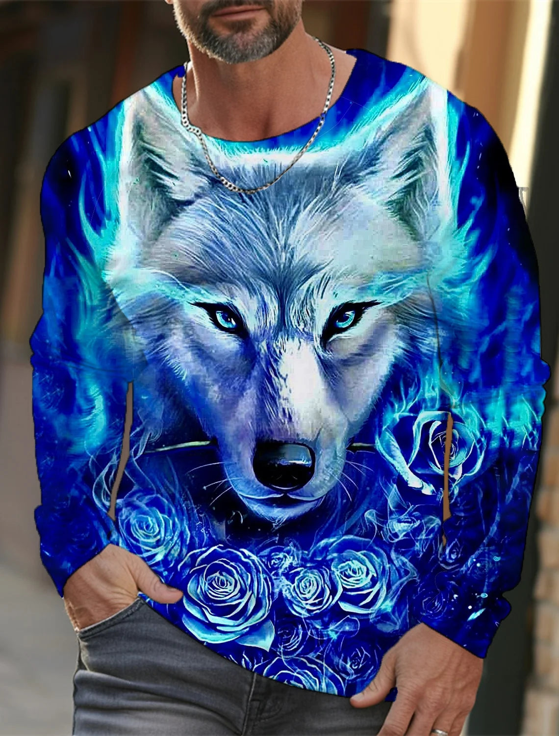 2024 Men's Summer Long Sleeve 3d Printed Wolf Print T-Shirt Tops Men Streetwear Clothing Round Neck Graphic Long Sleeve T-Shirt
