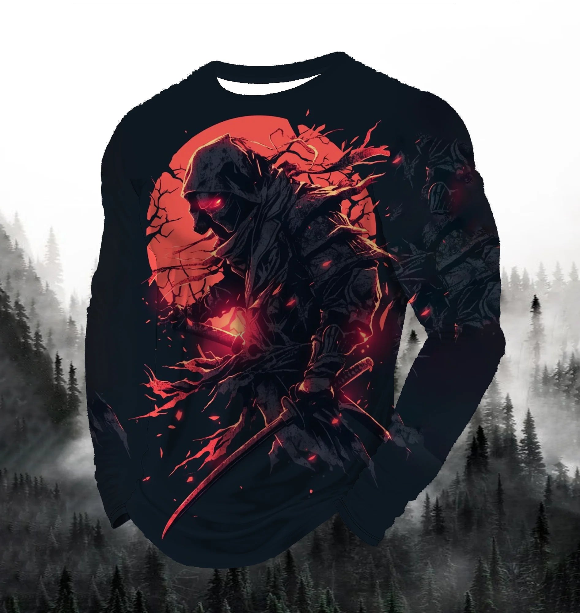 2024 Men's Fashion Printed Round Neck Long Sleeve Autumn Sports Leisure Pullover Men's 3D Japanese Samurai Printed Loose Tops