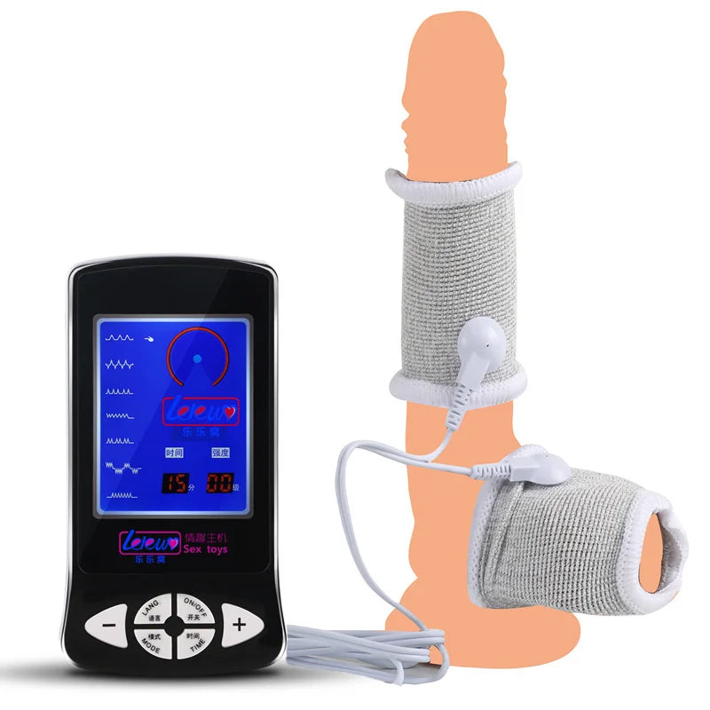 BDSM Electro Shock Conductive Fiber Penis Sleeve E-stim Scrotum Rings Electric Play Cock Therapy Enlargement Male Sex Products