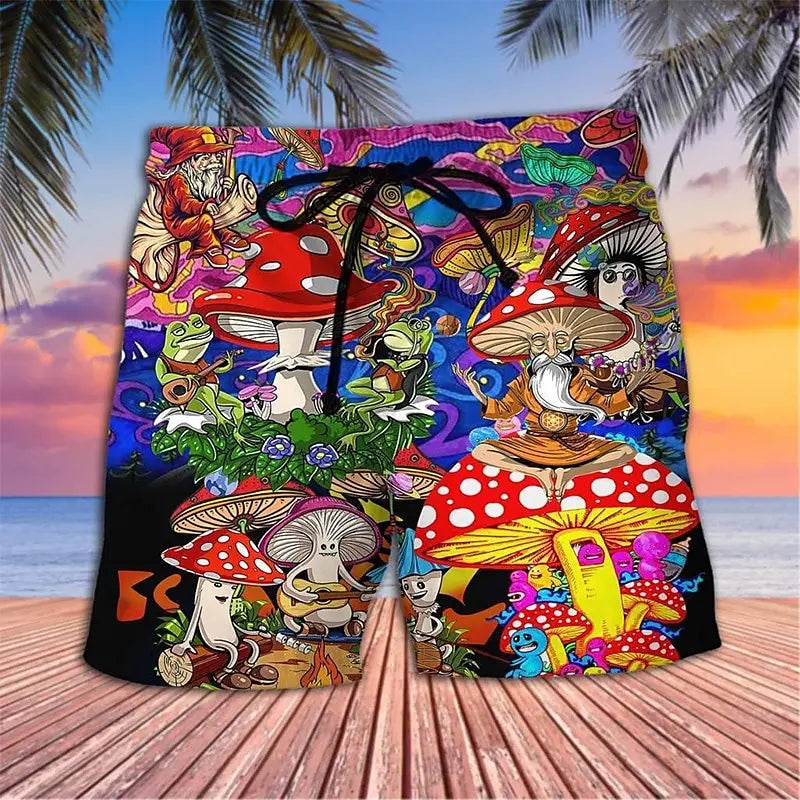 3D mushroom print men's casual shorts Tropical summer vitality style fashion shorts, quick-drying and comfortable close-fitting