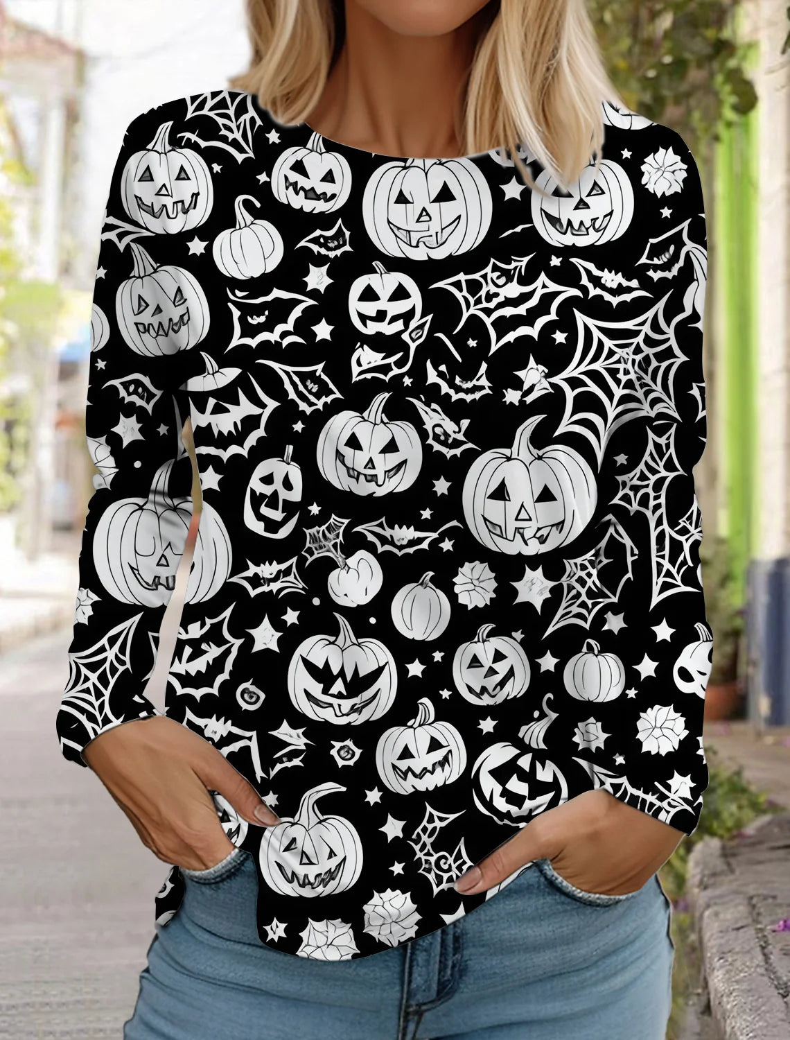 Halloween skull pumpkin print pullover autumn and winter women's casual long sleeve round neck sweatshirt men's clothing