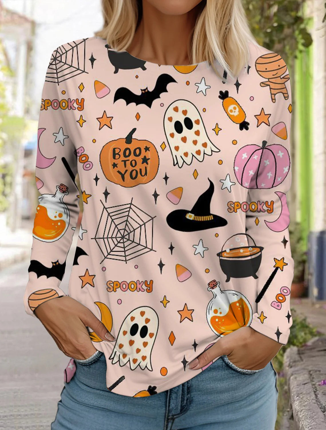 Halloween skull pumpkin print pullover autumn and winter women's casual long sleeve round neck sweatshirt men's clothing