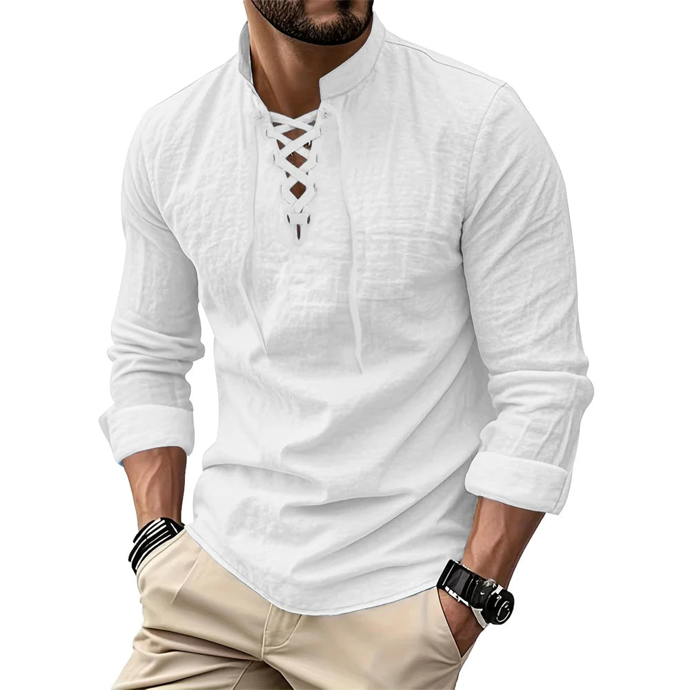 Men’s Vintage V-Neck Cotton-Linen Shirt