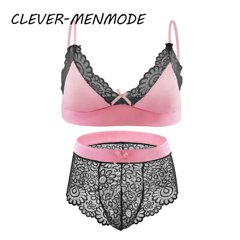 Men Sexy Crossdressing Erotic Sissy Lingerie See Through Mesh Lace Gay Underwear Male Bra Top Transparent Boxers Fetish Customs