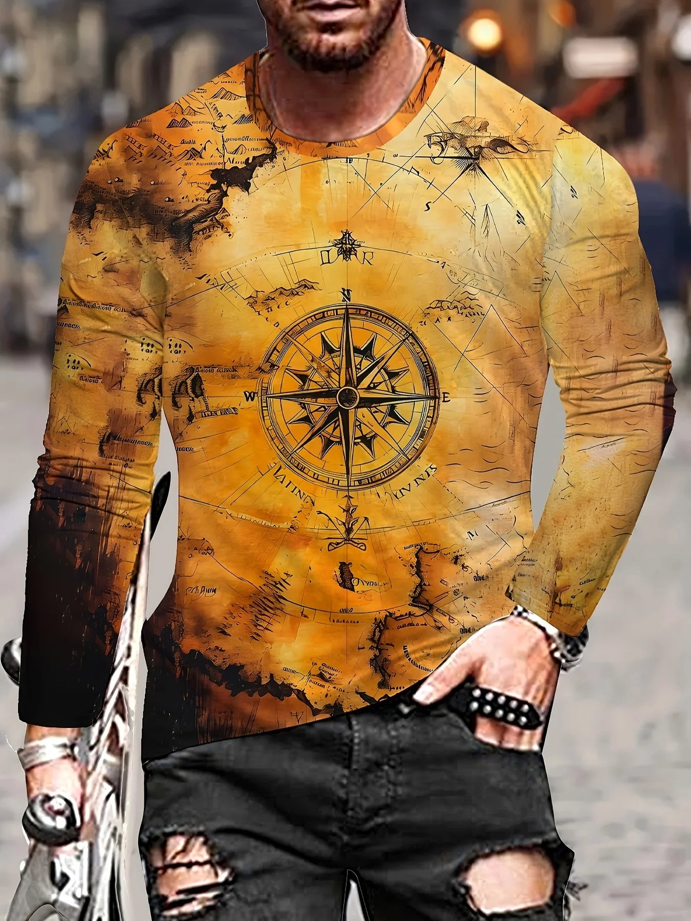 Black and white tiger print men's T-shirt fashion long-sleeved T-shirt casual round neck street top loose pullover autumn