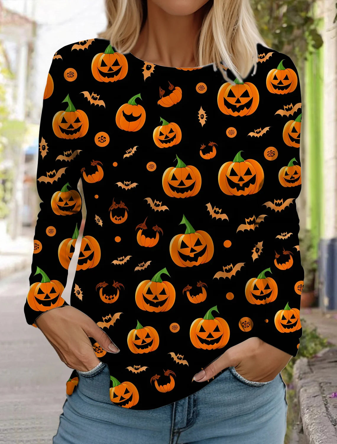 Halloween skull pumpkin print pullover autumn and winter women's casual long sleeve round neck sweatshirt men's clothing
