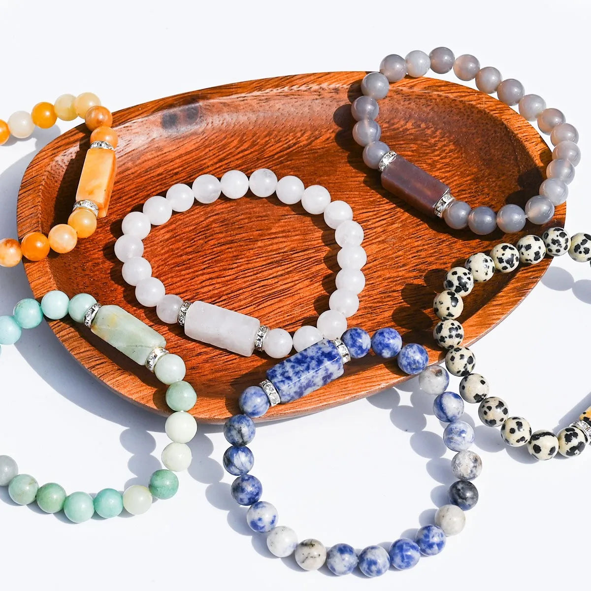 Natural Stone Bracelet: Featuring Rectangular Rose Quartz Plaques, Round Beads, Agate, Obsidian, and Raw Amazonite