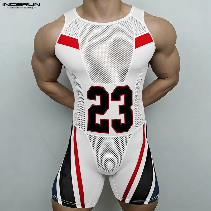 INCERUN Men's Bodysuits Mesh Patchwork Color-block O-neck Sleeveless Male Rompers Playsuits Workout See Through Bodysuit For Man