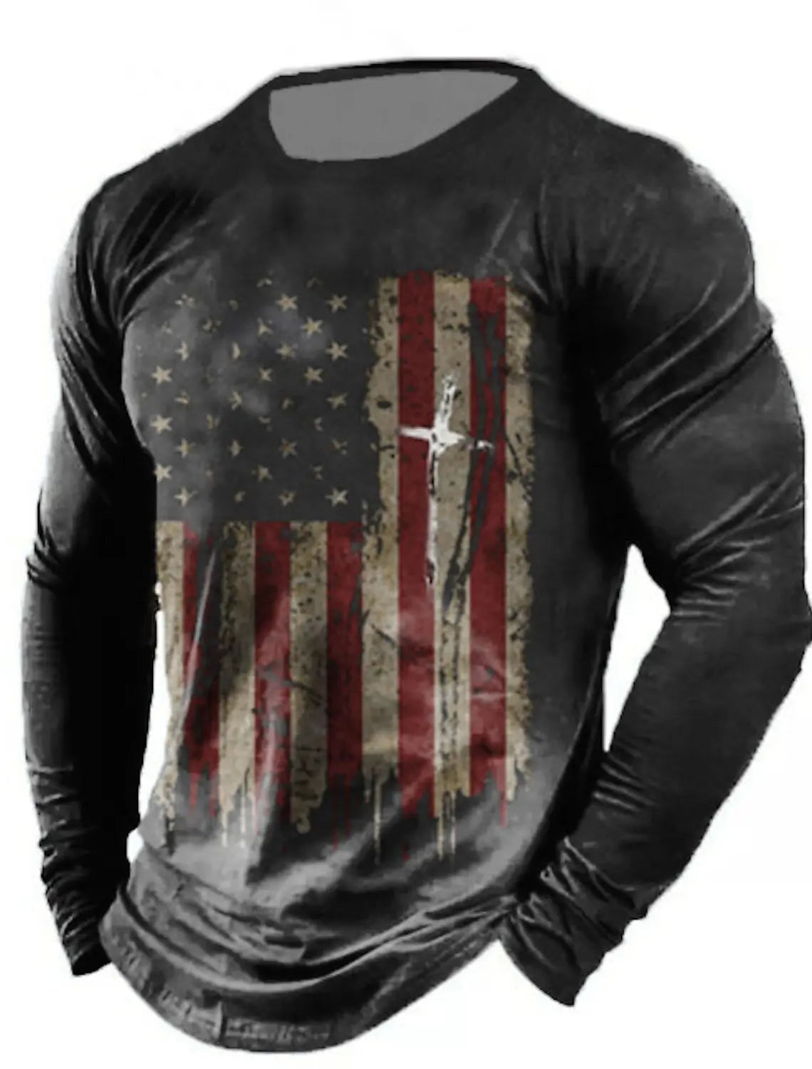 Men's Tshirt Tee Distressed Graphic Prints American Flag National Flag Crew Neck Outdoor Street Long Sleeve Print Clothing