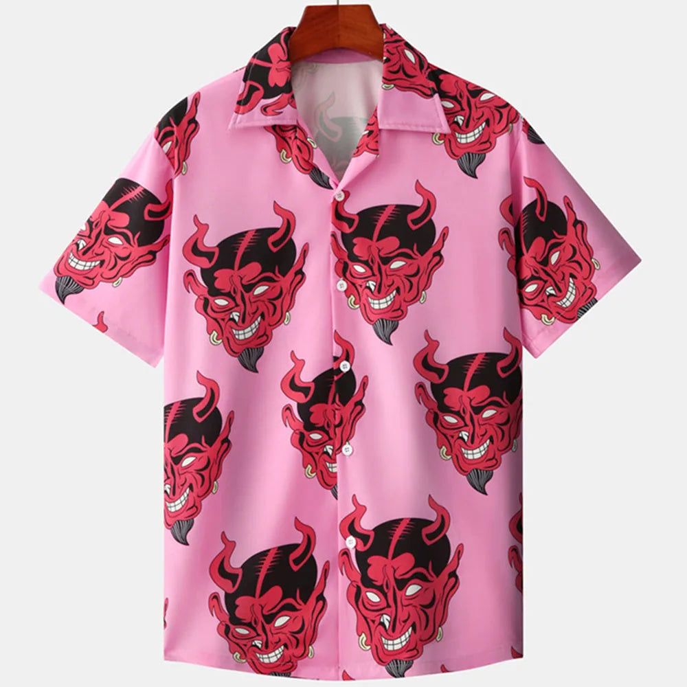 Summer Mens Hawaiian Casual Collar Shirts Short Sleeve Button Skeleton Demon Print Beach Floral Fashion Vintage Clothing XS-5XL