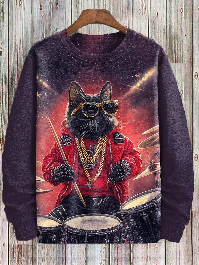 Men's Winter Skiing Animal Kitten Printed Casual Sweatshirt Fashion Round Neck Pullover Sweatshirt Polyester Fabric 2025 New