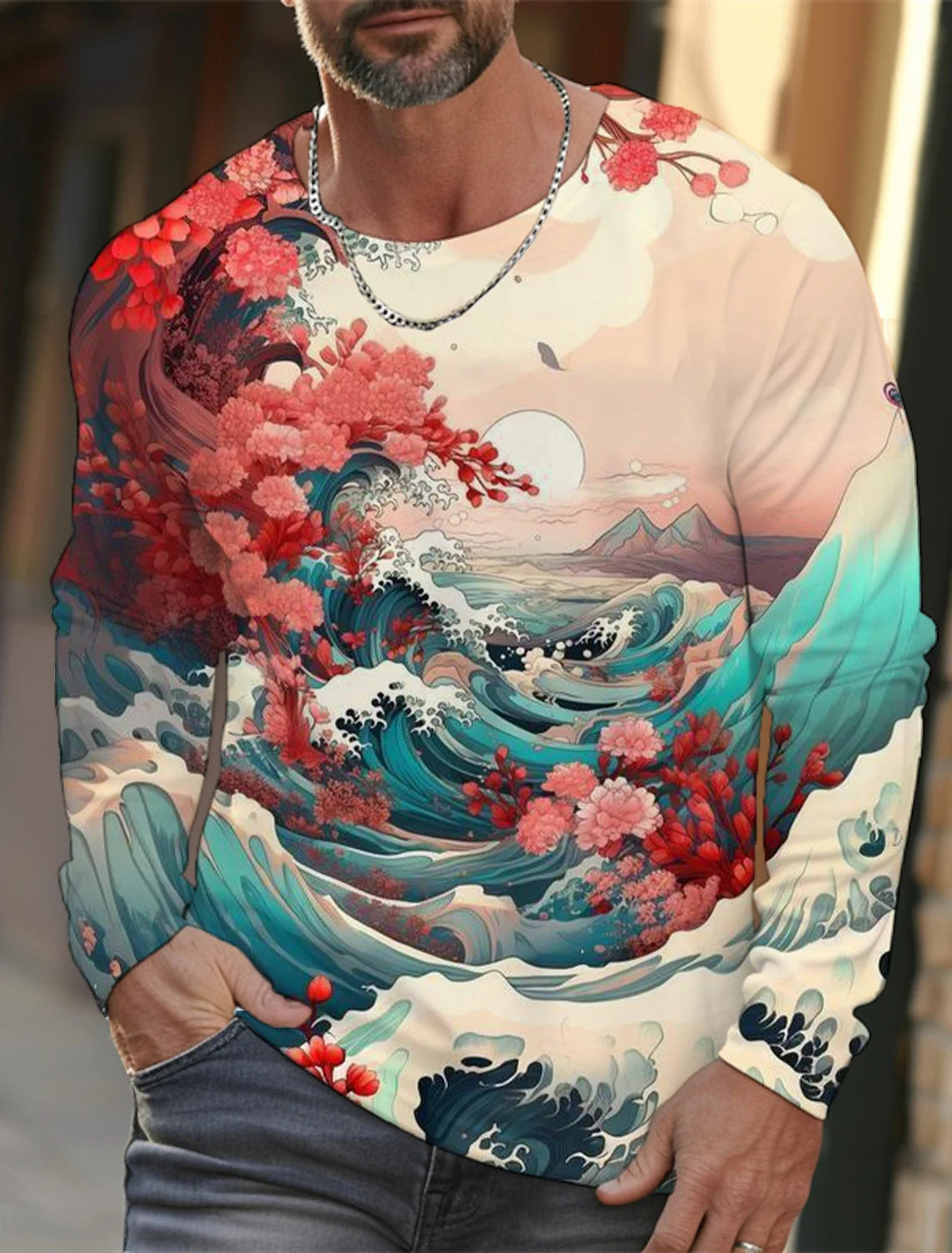 2024 new men's Ukiyoe long-sleeved T-shirt 3D printing high-definition wave cat printing men's autumn casual round neck top