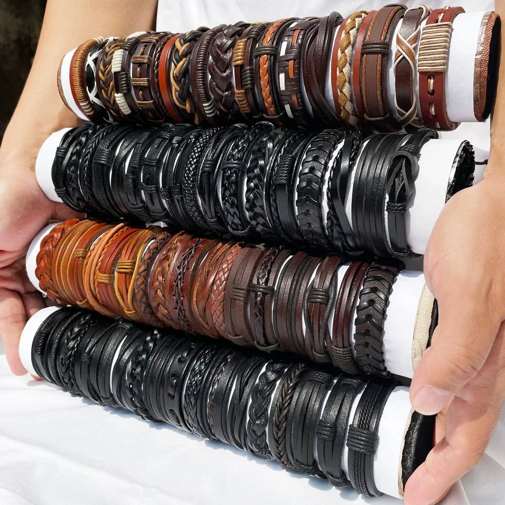 25 Pcs/set Black Wrap Woven New Fashion Handmade Men Bracelets Male Women Leather Bracelets Men Bangle Wholesale Jewelry Gift