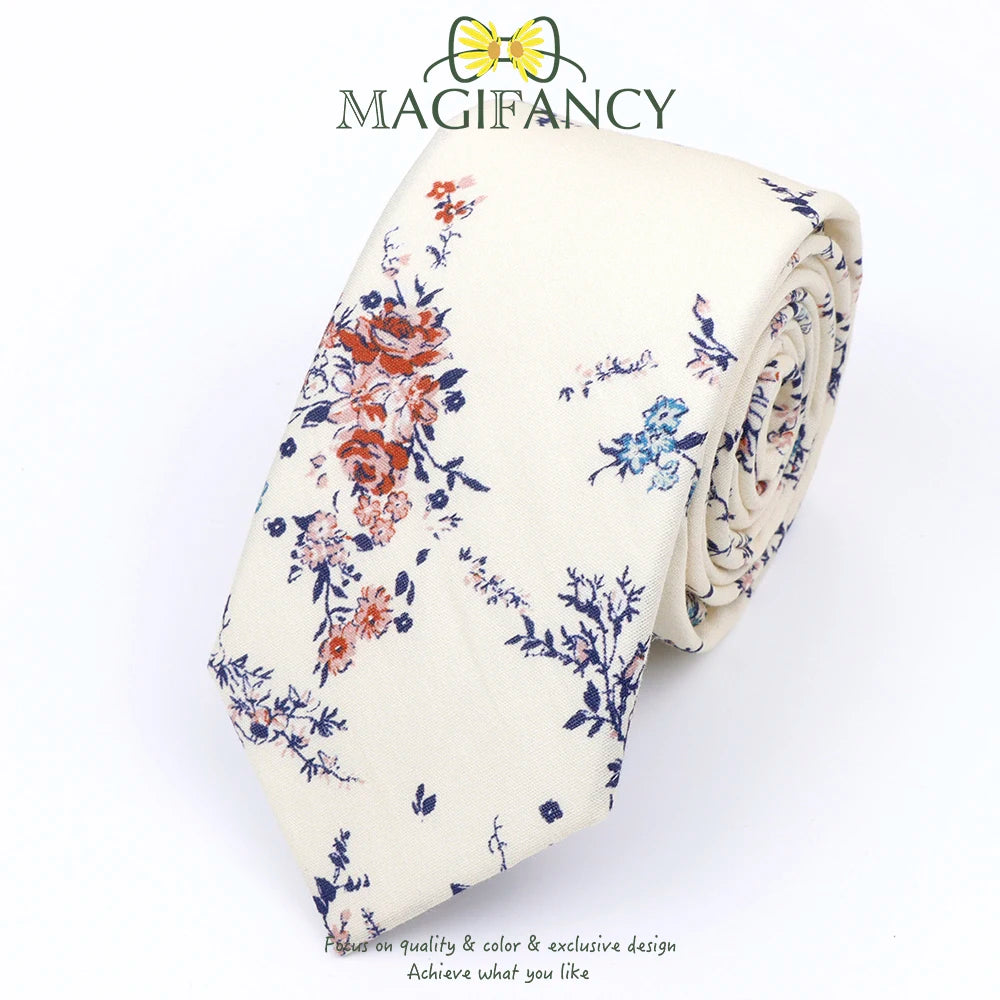 Top Hot Print Floral 6.5cm Necktie 100% Cotton Elegant Beige Sage Pink Men Wedding Party Daily Suit Shirt Cravat Gift Accessory