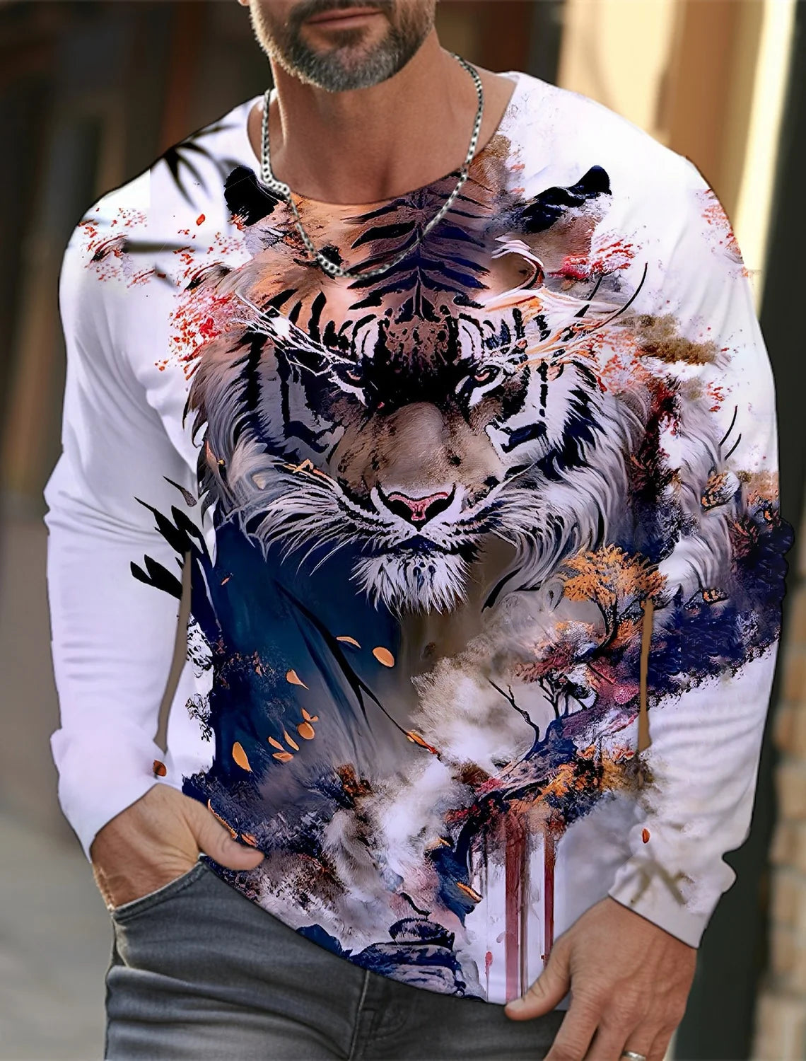 2024 New Tiger Print Pullover Autumn Winter Men's Casual Long Sleeve Round Neck Sweatshirt Streetwear Harajuku Men's Wear