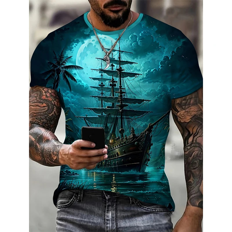 Sailing Ship Graphic T-Shirts Sailboat 3D Print Men Women T Shirt Short Sleeve Oversized Harajuku Y2k Tops Tees Kids Clothing