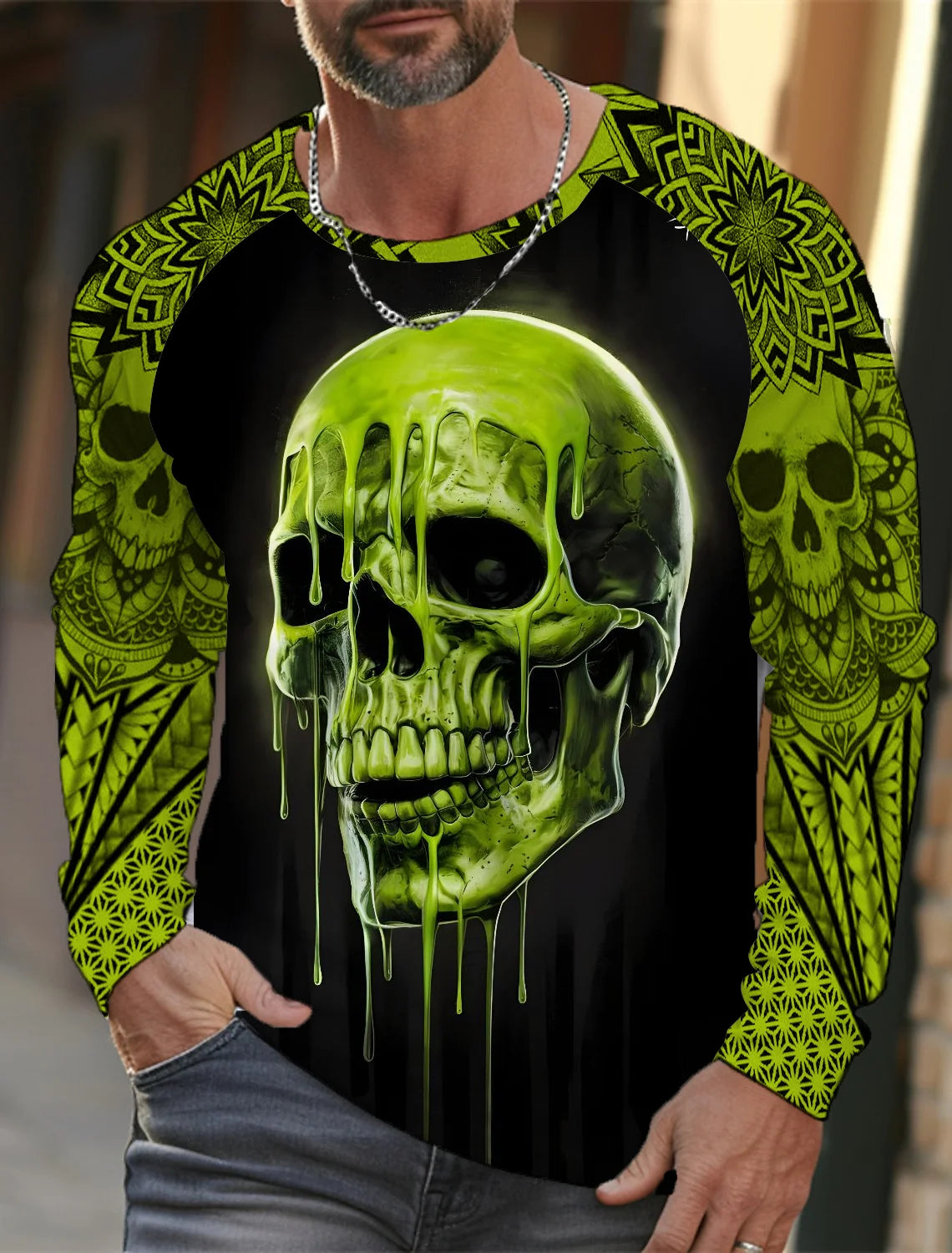 Men's long-sleeved T-shirt 3D printed high-definition skull stitching printing men's autumn tops casual round neck home clothes
