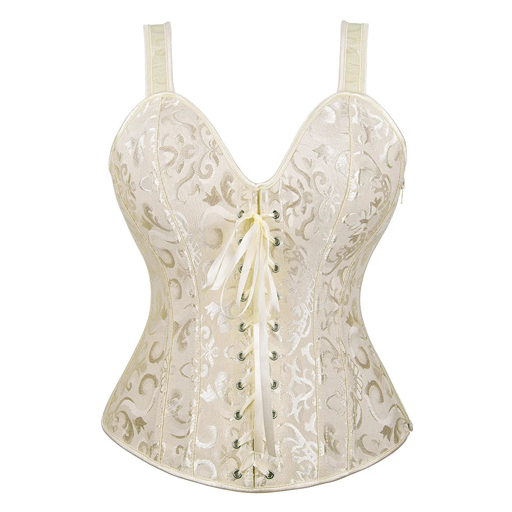 Steampunk Straps Overbust Corset With Cup Zipper Sexy Jacquard Floral Corset Waist Cincher Bustier Lingerie Top Plus Size