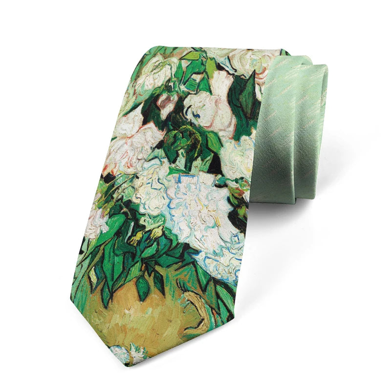 Retro art oil painting floral print tie fashion business wedding casual party tie unisex polyester tie shirt accessories