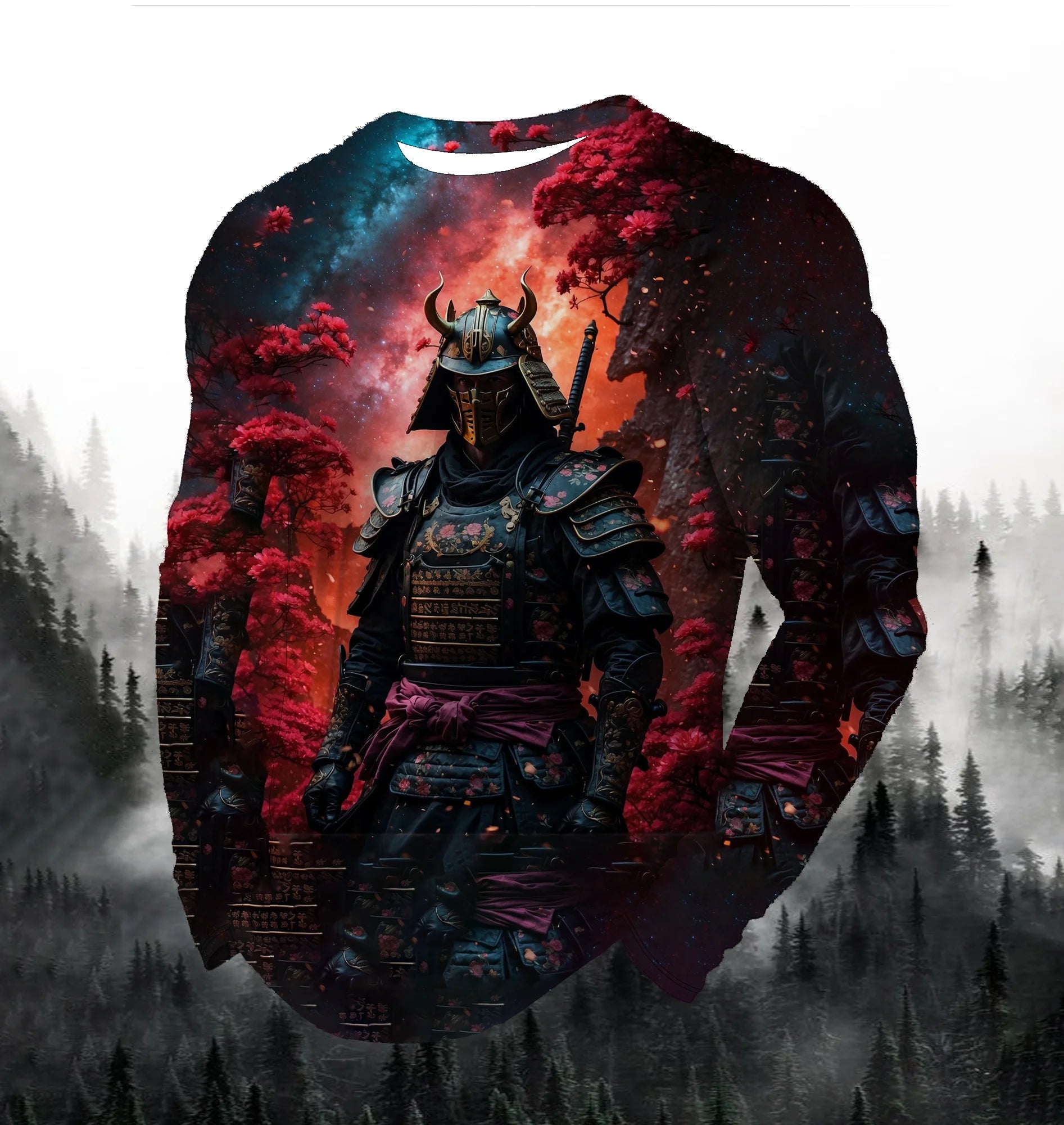 2024 Men's Fashion Printed Round Neck Long Sleeve Autumn Sports Leisure Pullover Men's 3D Japanese Samurai Printed Loose Tops