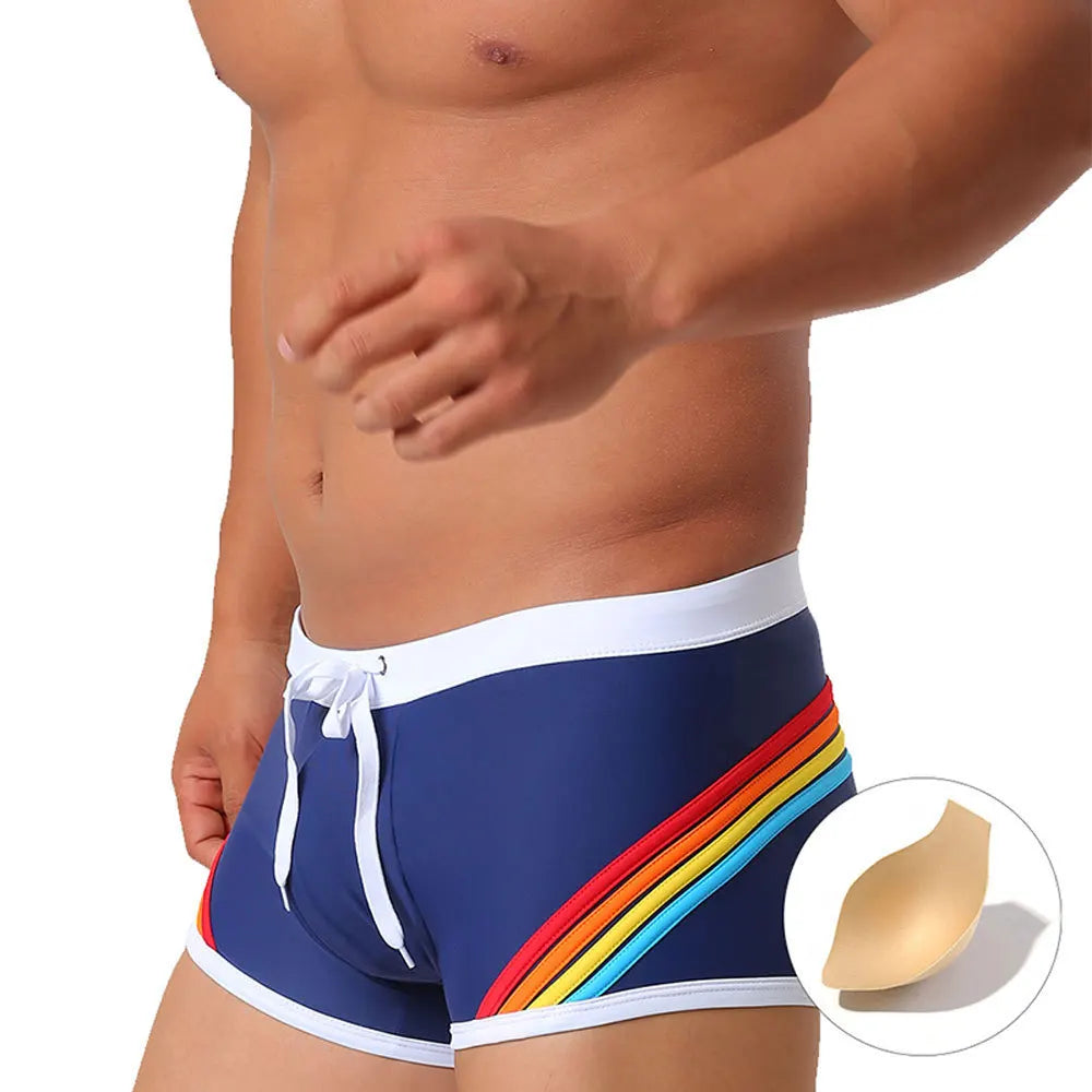 Summer Rainbow Striped Swim Trunks for Men High Quality Quick Drying Sports Swimming Briefs Boxer Bathing Swimsuit Beach Shorts