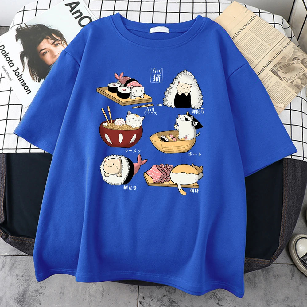Food Cute Cat Sushi Cartoon Style Mens Cotton Short Sleeve Harajuku Casual All-math T-Shirts Oversize Fashion Man Tee Clothing