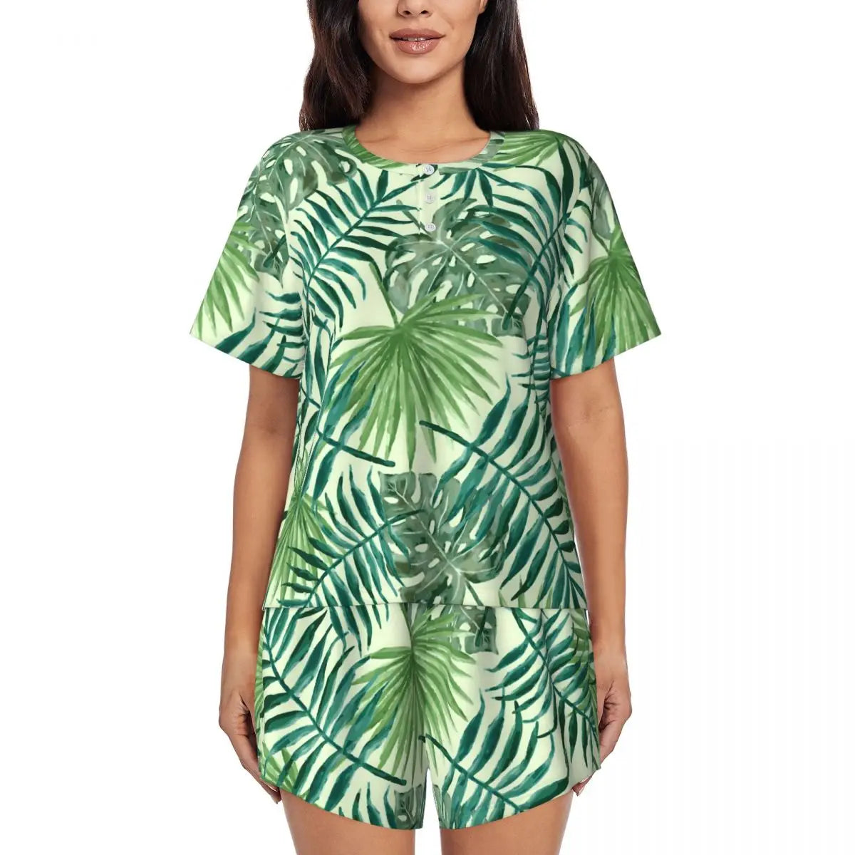 Green Leaf Print Pajamas Short Sleeve Lush Foliage 2 Pieces Leisure Pajama Sets Daily Woman O Neck Vintage Nightwear